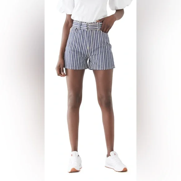 ❌SOLD❌NWOT Ganni Mixed Stripe Dark Indigo Denim Buster Top & Shorts Set💙🤍💙 - Picture 3 of 16